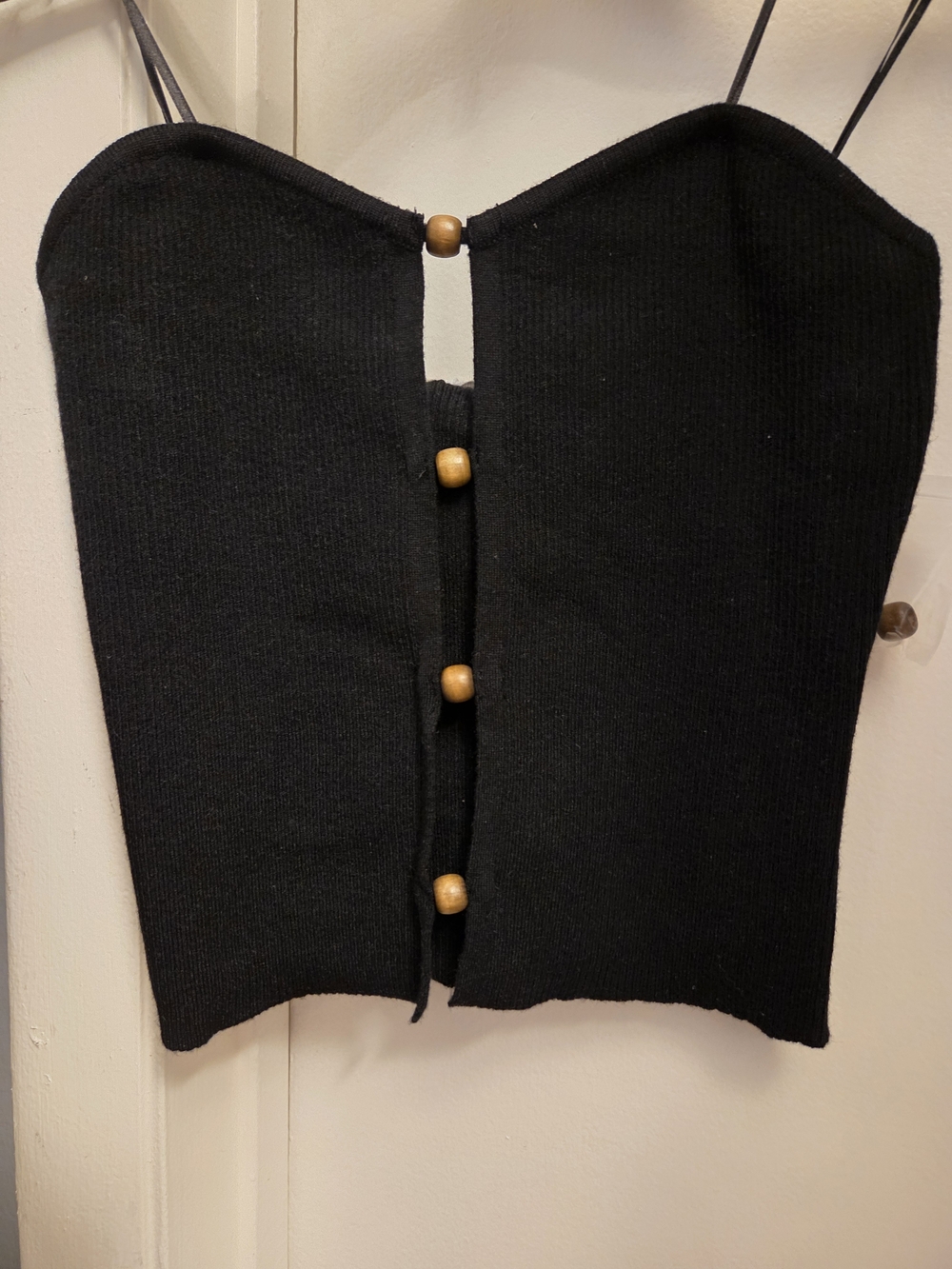 ASong of Style Black Ribbed Strapless Crop Top with Wooden Bead Detail